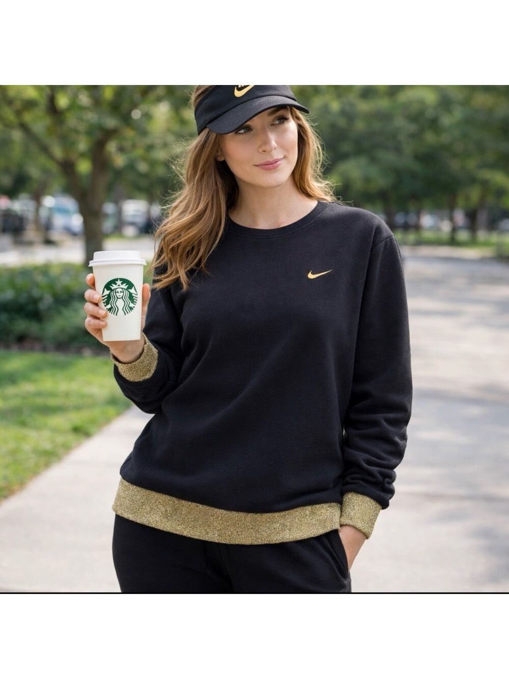 NIKE SPORTSWEAR BLACK CREWNECK SWEATSHIRT GOLD GLITTER TRIM XL LUX ATHLEISURE
